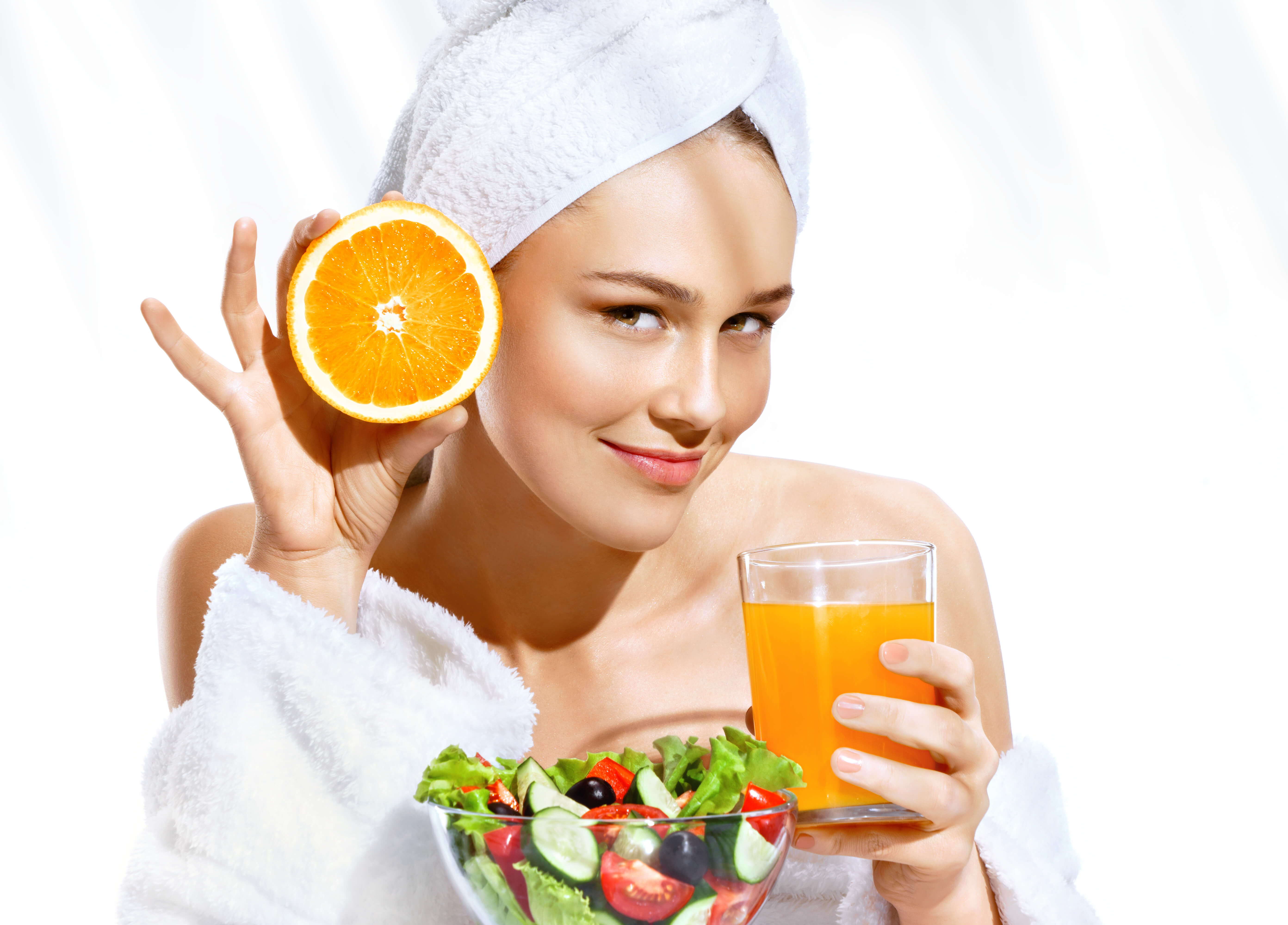 girl with salad and juice